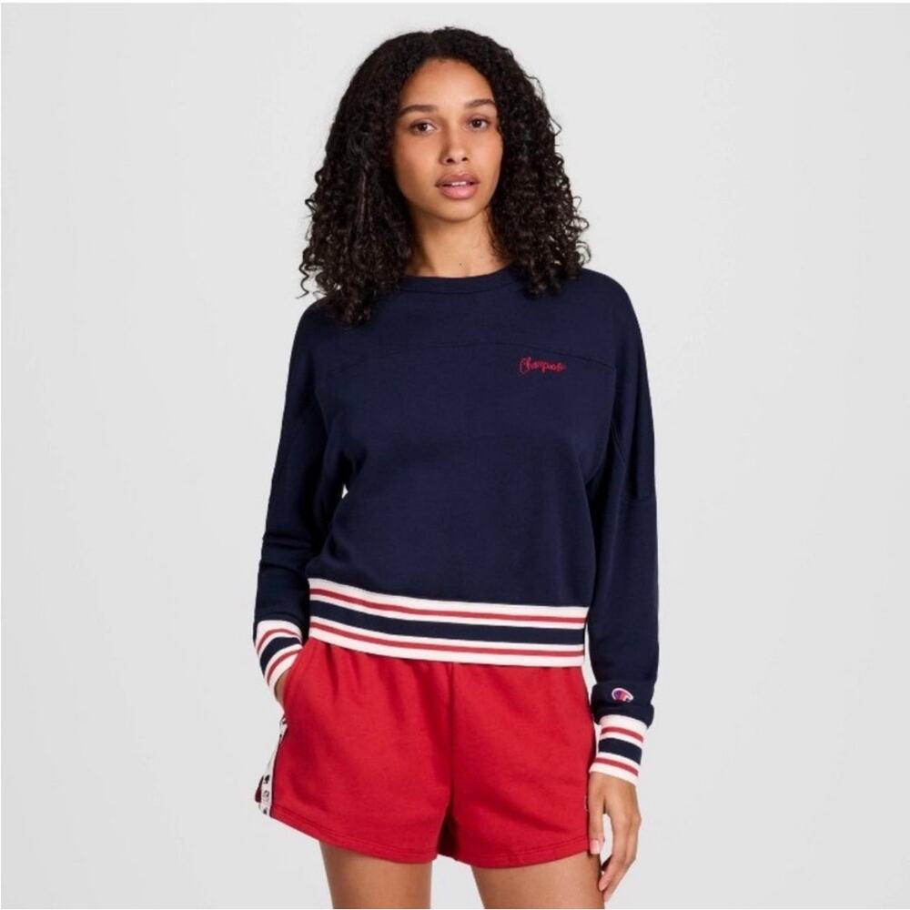 NWOT Champion Women's Cropped French Terry Sweatshirt Navy Small - Picture 2 of 8